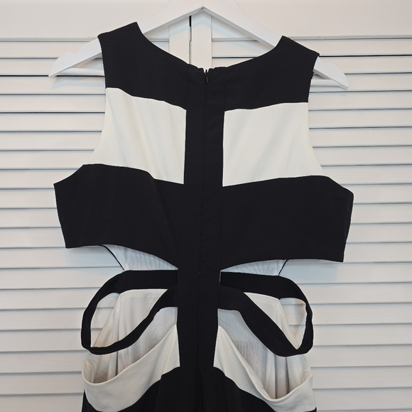 GRACIA Cutout Maxi Dress Bold Stripe Hi-Low Hem B&W Sz Large Gown Mod Minimalist - Picture 5 of 16